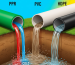 A three-panel illustration showing a PPR pipe with hot and cold water, a PVC pipe with dirty water for drainage, and an HDPE pipe with clear water in an underground trench.