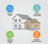 Diagram illustrating the stages of plumbing a home addition: planning, selecting and installing materials, implementing water-saving measures