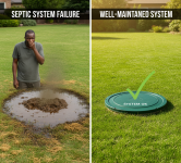 A split image contrasting the dire consequences of septic system failure (sewage pooling in a yard) with the peace of mind of a well-maintained septic system