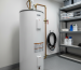 Electric storage tank water heater unit situated in a clean residential utility room